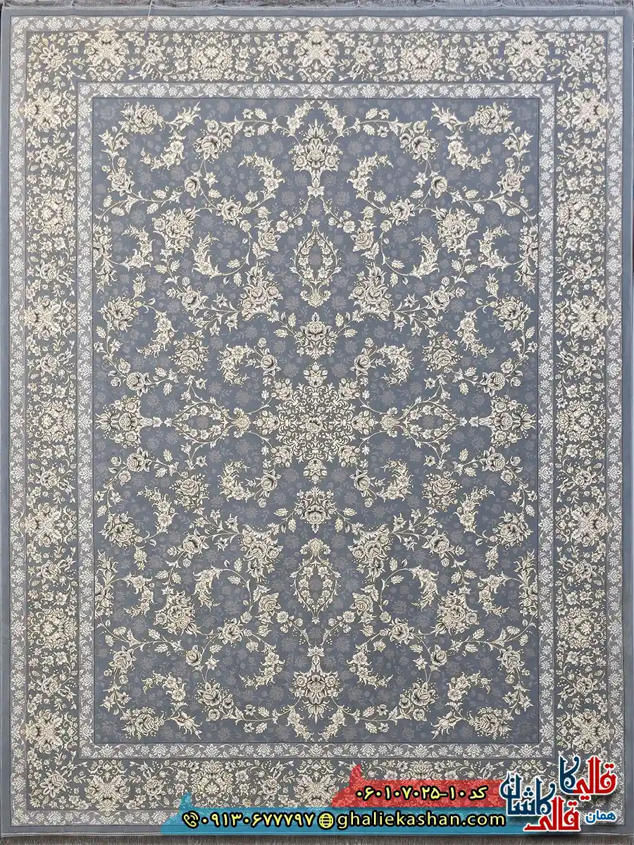 فرش طلاکوب 700 شانه طرح افشان آنا رنگ طوسی نقره ای کاشان اصلی