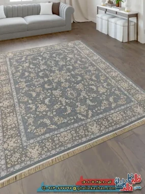 فرش طلاکوب 700 شانه طرح افشان آنا رنگ طوسی نقره ای کاشان