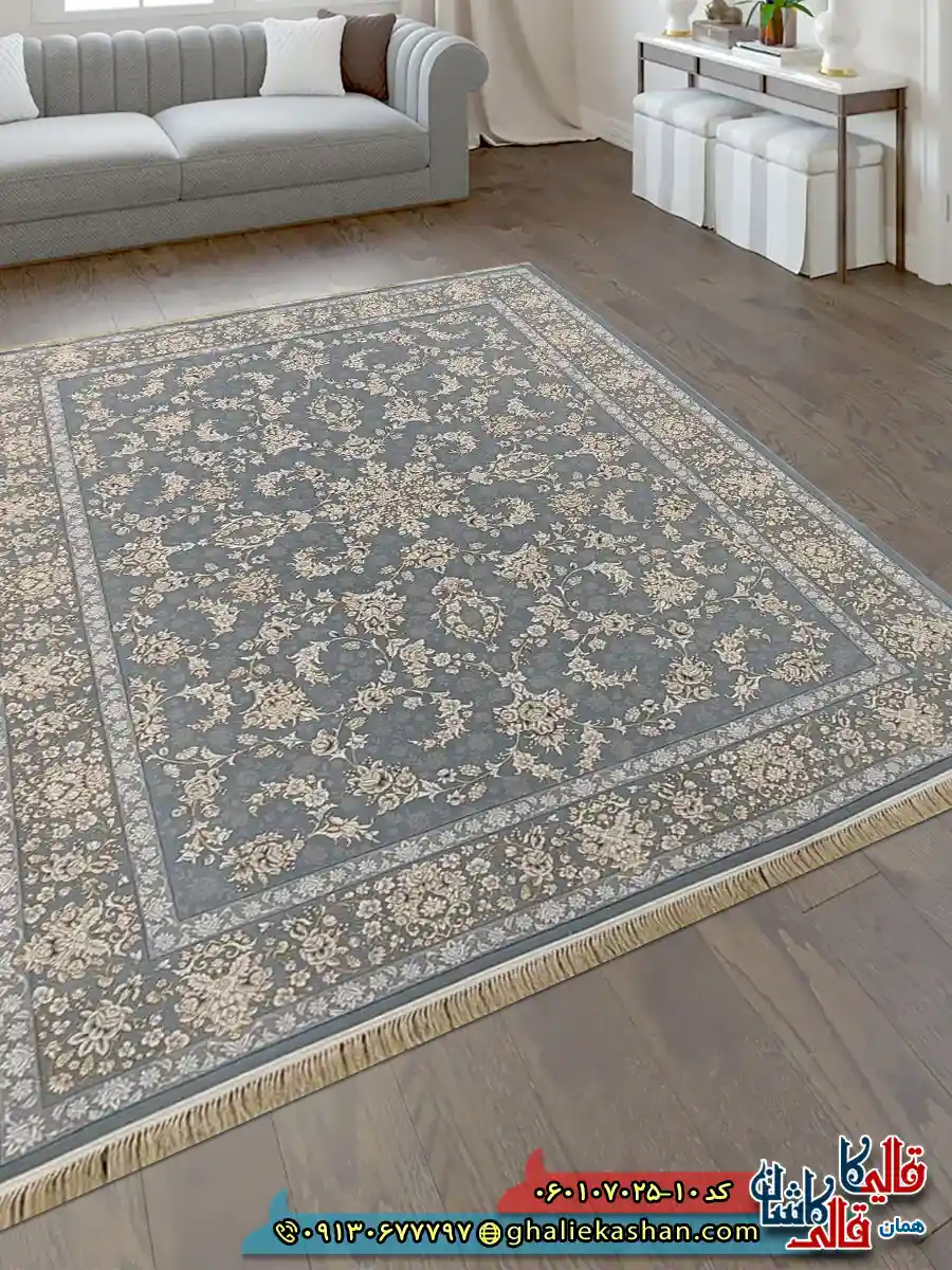 فرش طلاکوب 700 شانه طرح افشان آنا رنگ طوسی نقره ای کاشان دکوراسیون