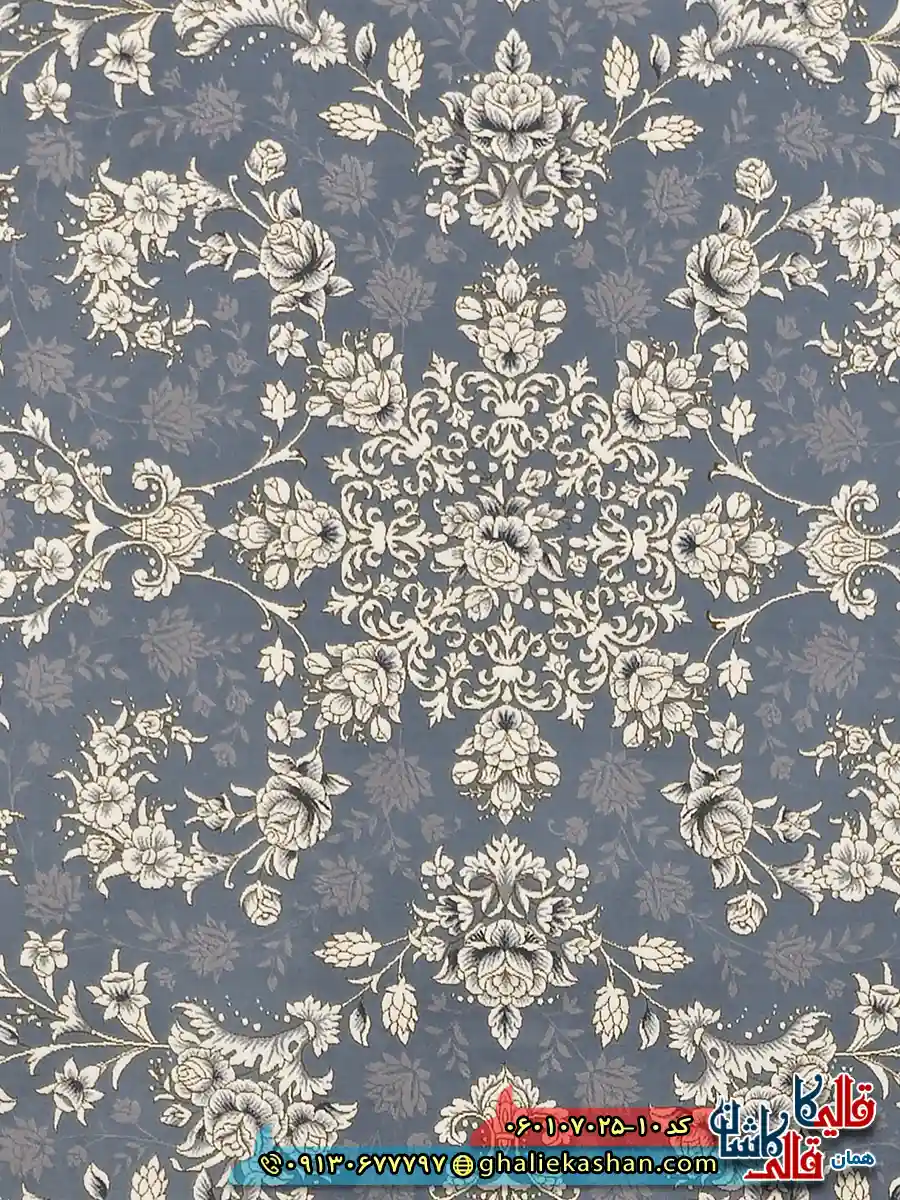 فرش طلاکوب 700 شانه طرح افشان آنا رنگ طوسی نقره ای کاشان زمینه