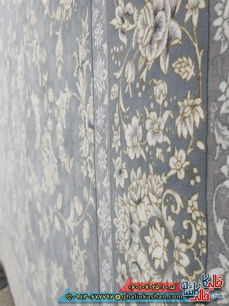 فرش طلاکوب 700 شانه طرح افشان آنا رنگ طوسی نقره ای کاشان نزدیک