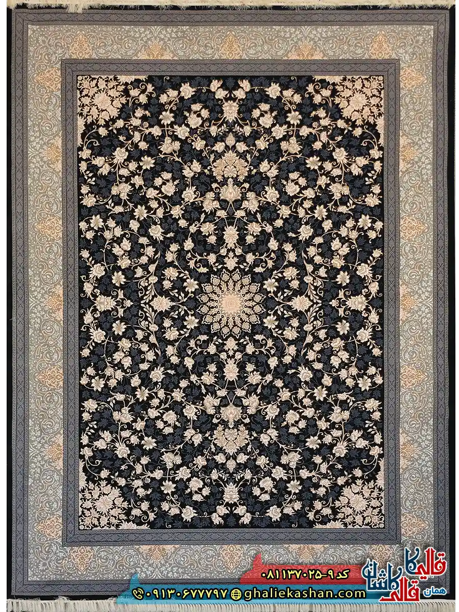فرش طلاکوب 700 شانه طرح افشان تلما رنگ سرمه ای کاشان اصلی