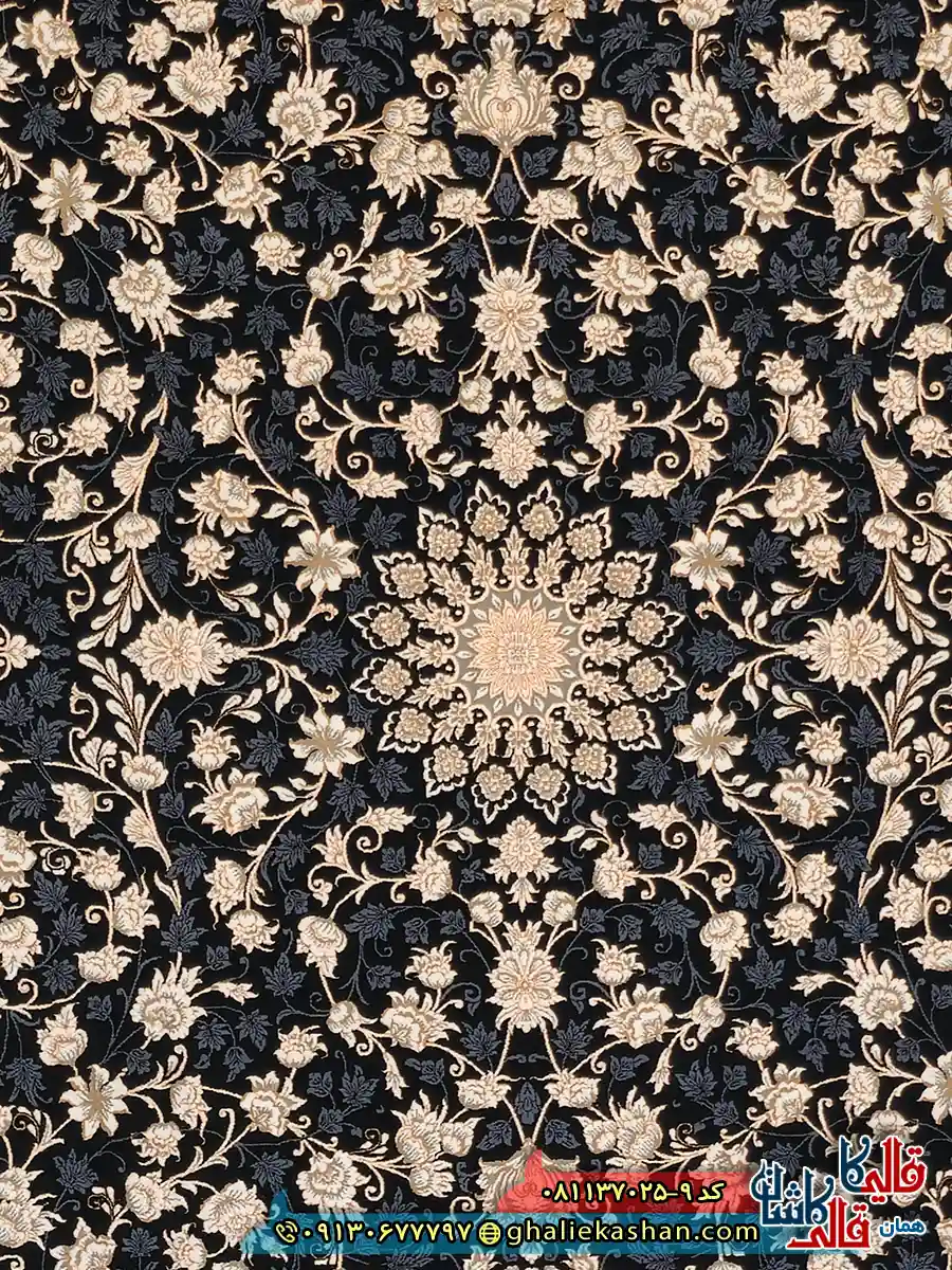 فرش طلاکوب 700 شانه طرح افشان تلما رنگ سرمه ای کاشان زمینه