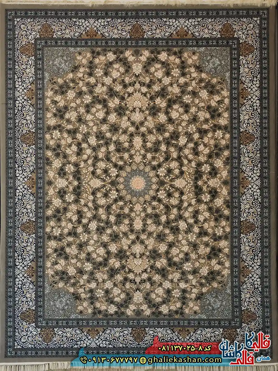 فرش طلاکوب 700 شانه طرح افشان تلما رنگ طوسی فیلی کاشان اصلی