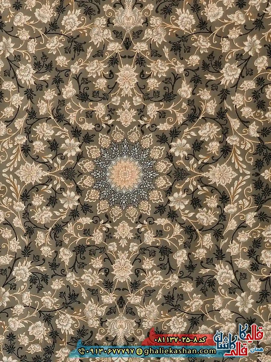 فرش طلاکوب 700 شانه طرح افشان تلما رنگ طوسی فیلی کاشان زمینه