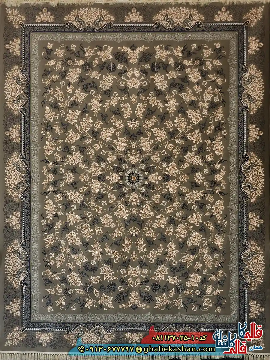 فرش طلاکوب 700 شانه طرح افشان جانان رنگ طوسی فیلی کاشان اصلی