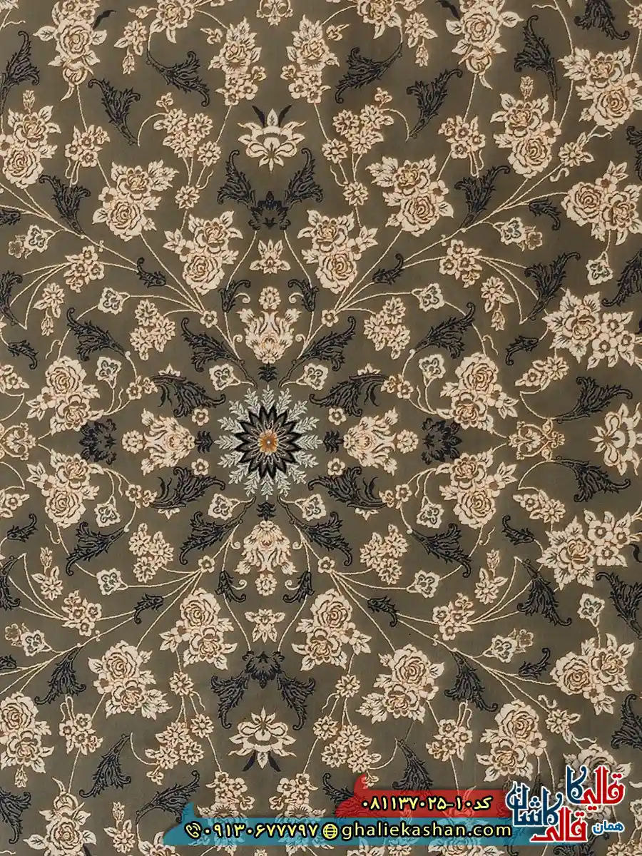 فرش طلاکوب 700 شانه طرح افشان جانان رنگ طوسی فیلی کاشان زمینه