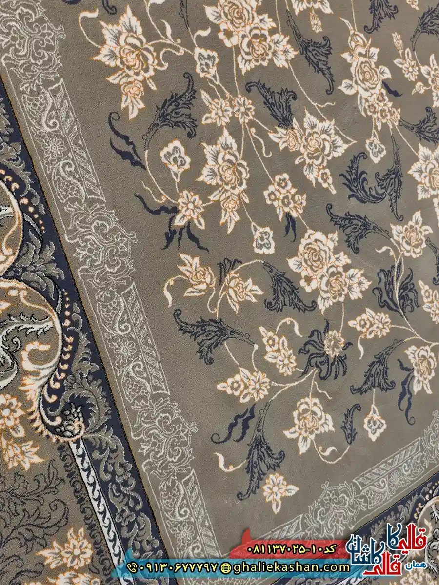 فرش طلاکوب 700 شانه طرح افشان جانان رنگ طوسی فیلی کاشان نزدیک