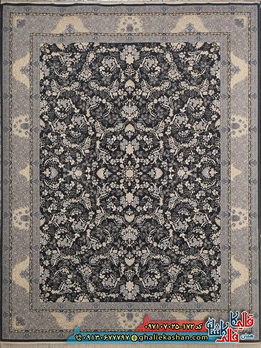فرش طلاکوب 700 شانه طرح افشان شکوفه رنگ طوسی دودی کاشان اصلی