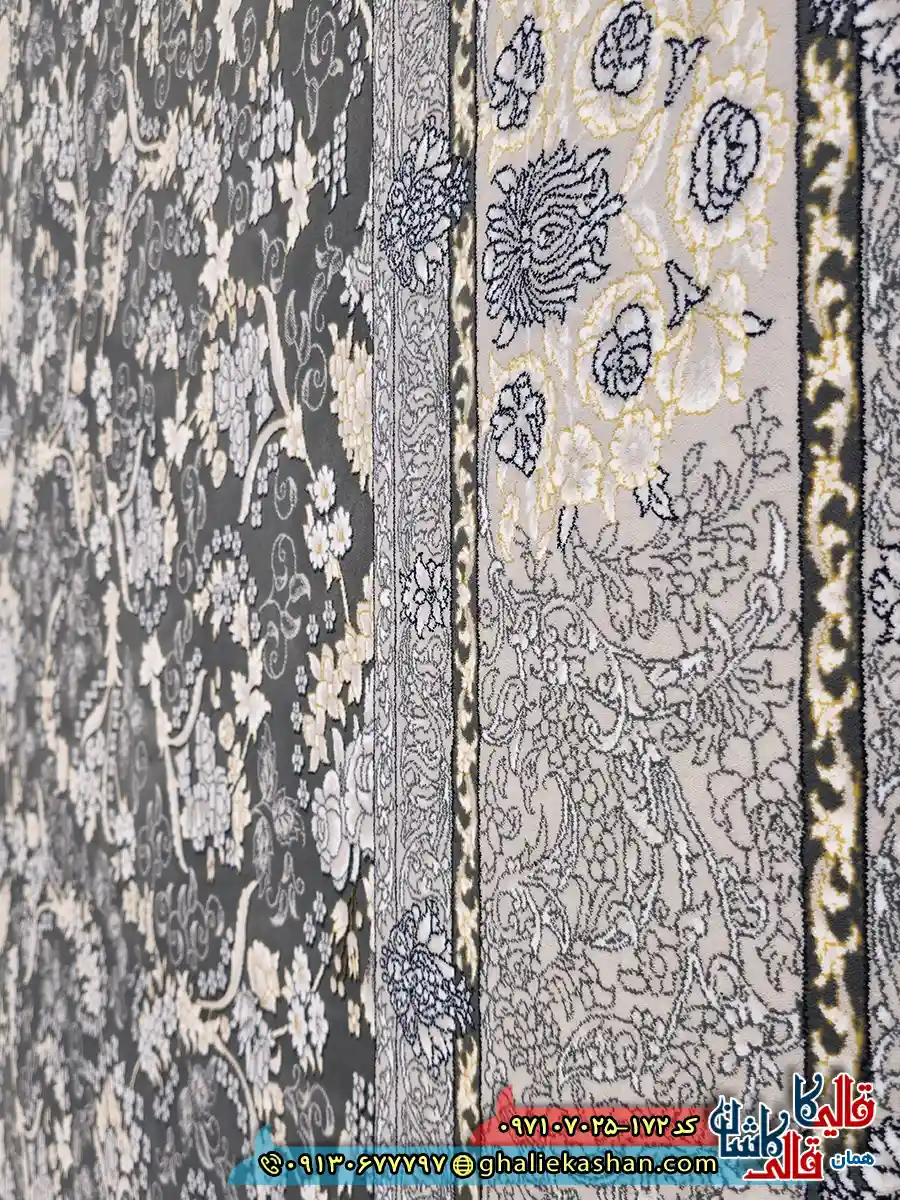 فرش طلاکوب 700 شانه طرح افشان شکوفه رنگ طوسی دودی کاشان نزدیک
