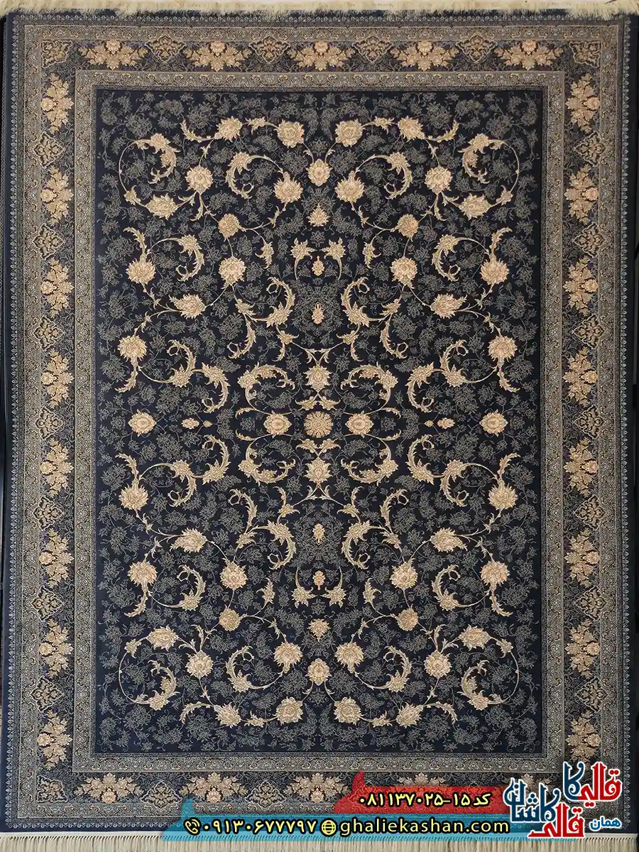 فرش طلاکوب 700 شانه طرح افشان صدف رنگ طوسی دلفینی کاشان اصلی