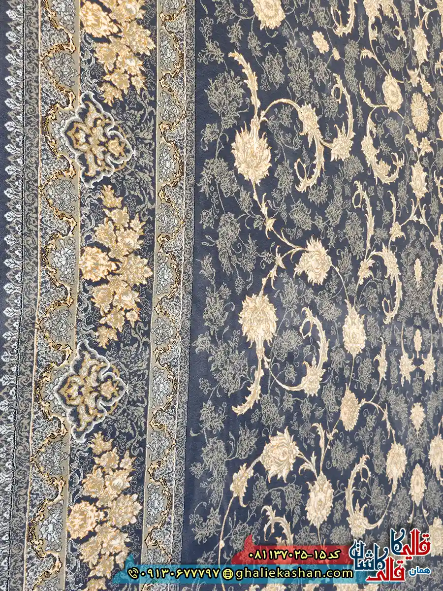 فرش طلاکوب 700 شانه طرح افشان صدف رنگ طوسی دلفینی کاشان نزدیک