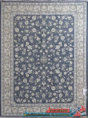 فرش طلاکوب 700 شانه طرح افشان فرنوش رنگ طوسی دودی کاشان اصلی