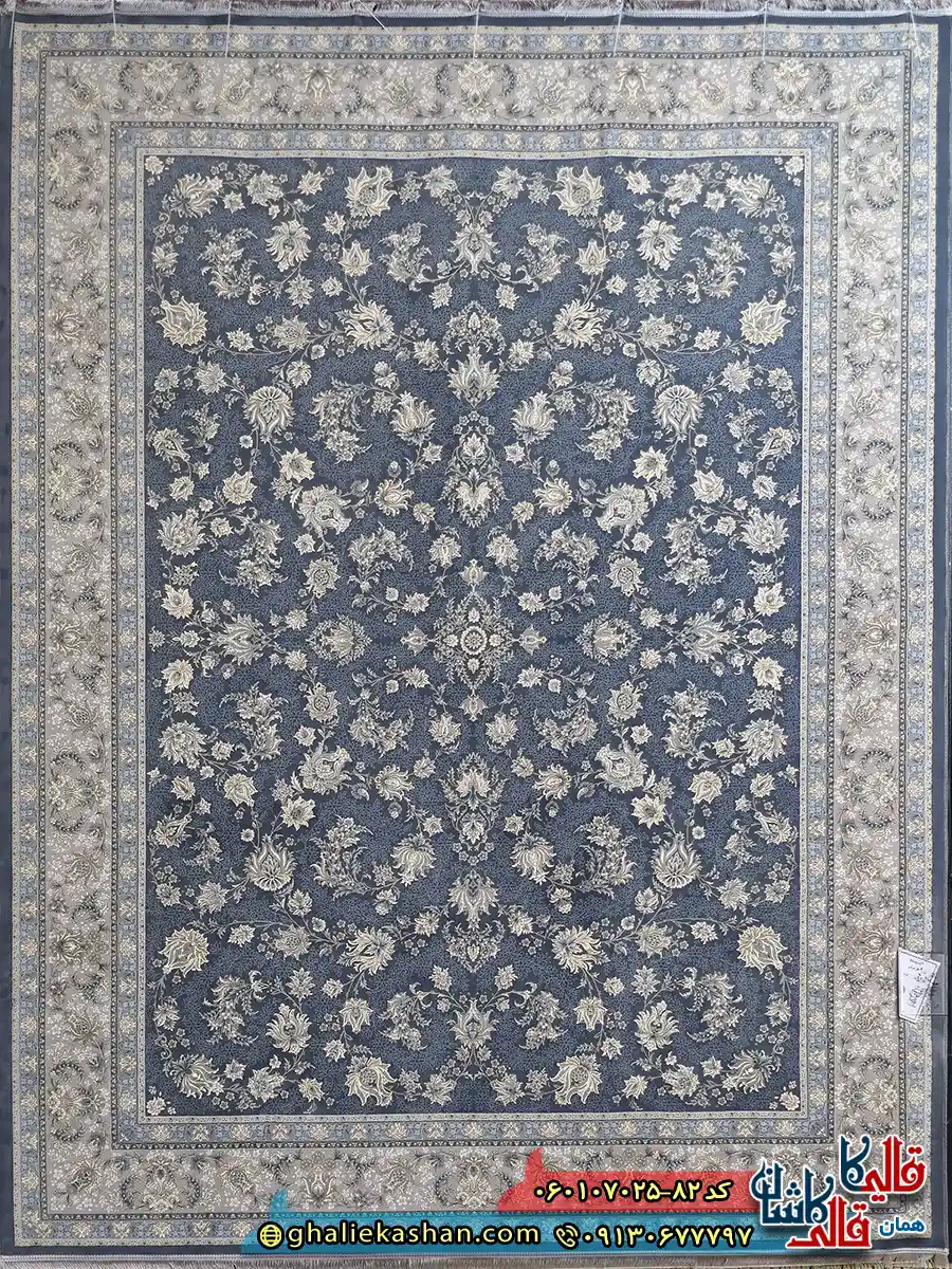 فرش طلاکوب 700 شانه طرح افشان فرنوش رنگ طوسی دودی کاشان اصلی