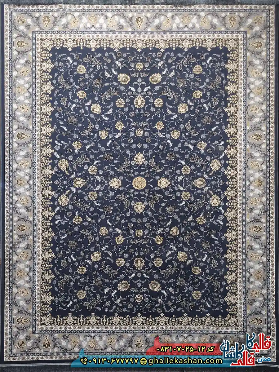 فرش طلاکوب 700 شانه طرح افشان فروزان دورنا رنگ طوسی دودی کاشان اصلی