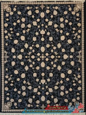 فرش طلاکوب 700 شانه طرح افشان لنا رنگ سرمه ای کاشان