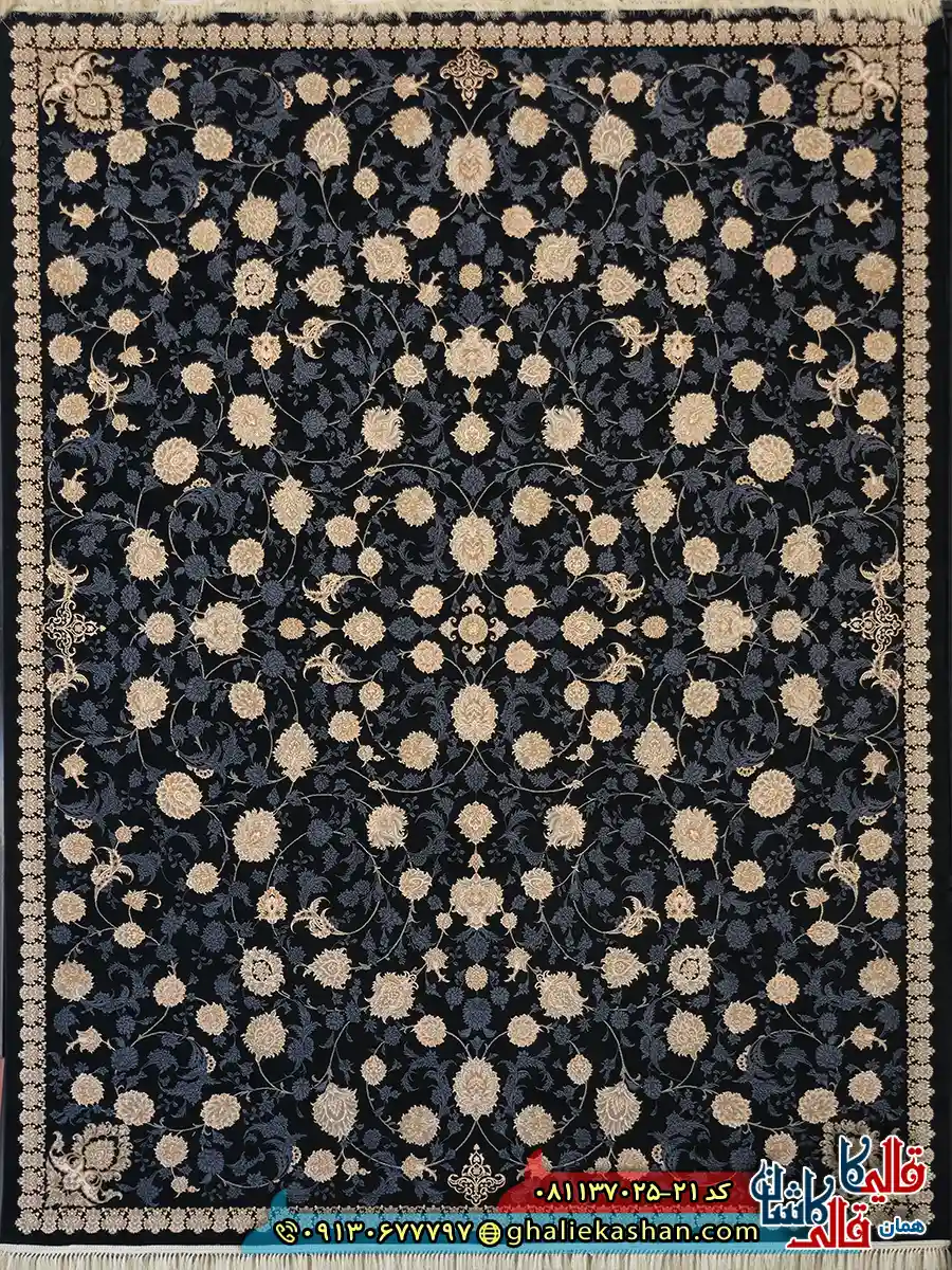 فرش طلاکوب 700 شانه طرح افشان لنا رنگ سرمه ای کاشان اصلی