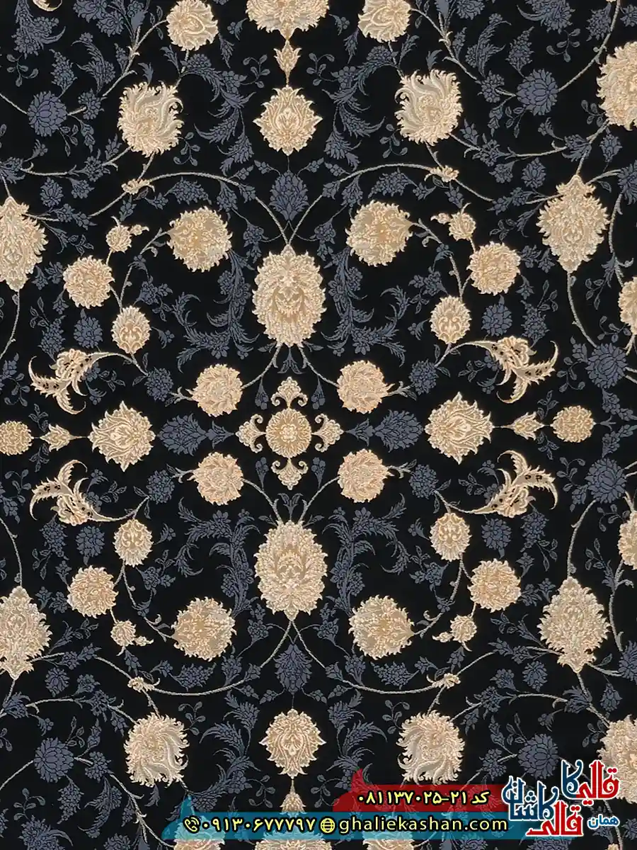 فرش طلاکوب 700 شانه طرح افشان لنا رنگ سرمه ای کاشان زمینه