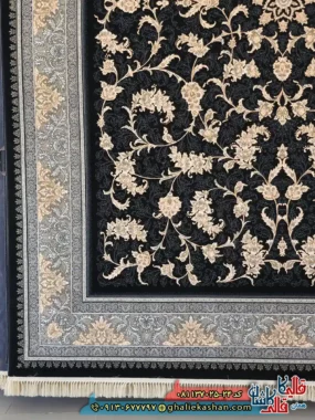 فرش طلاکوب 700 شانه طرح افشان نگار رنگ سرمه ای کاشان حاشیه