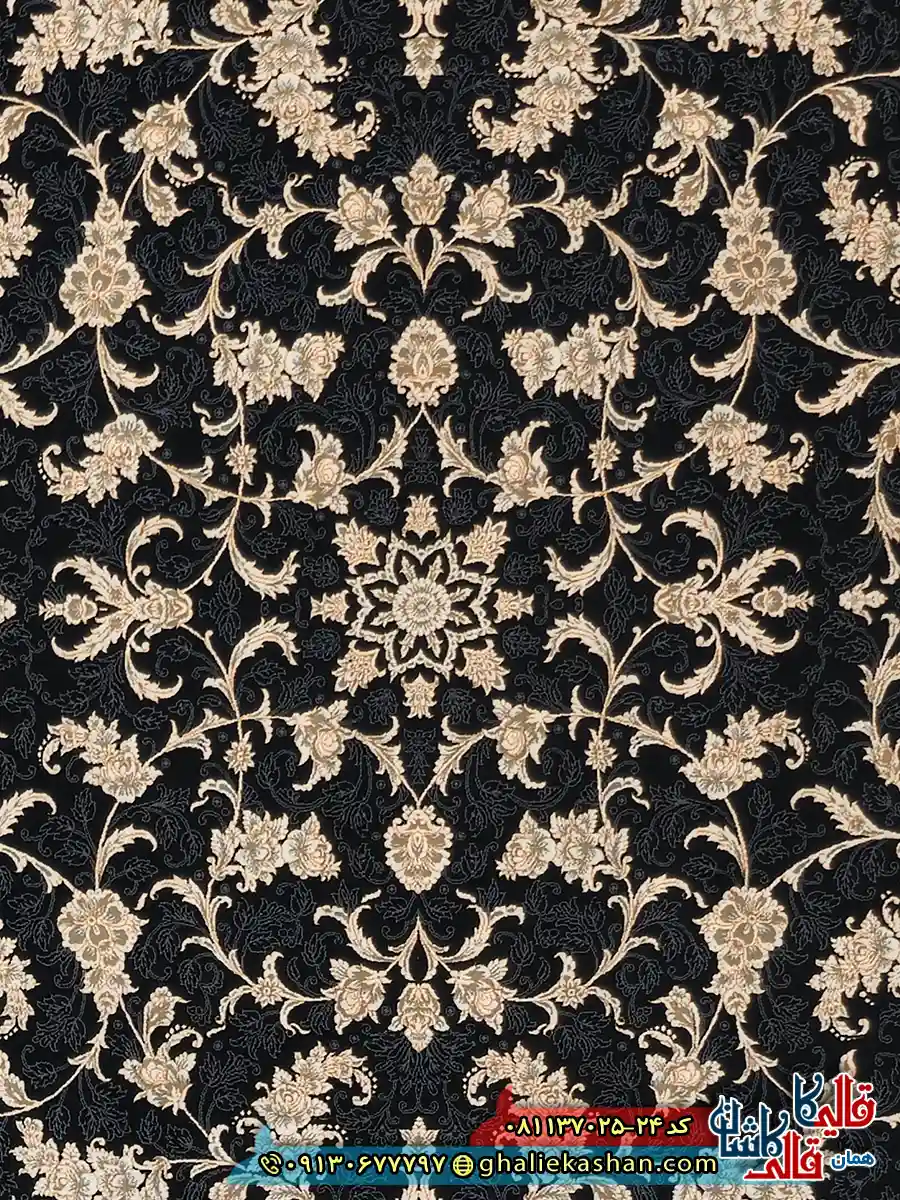فرش طلاکوب 700 شانه طرح افشان نگار رنگ سرمه ای کاشان زمینه