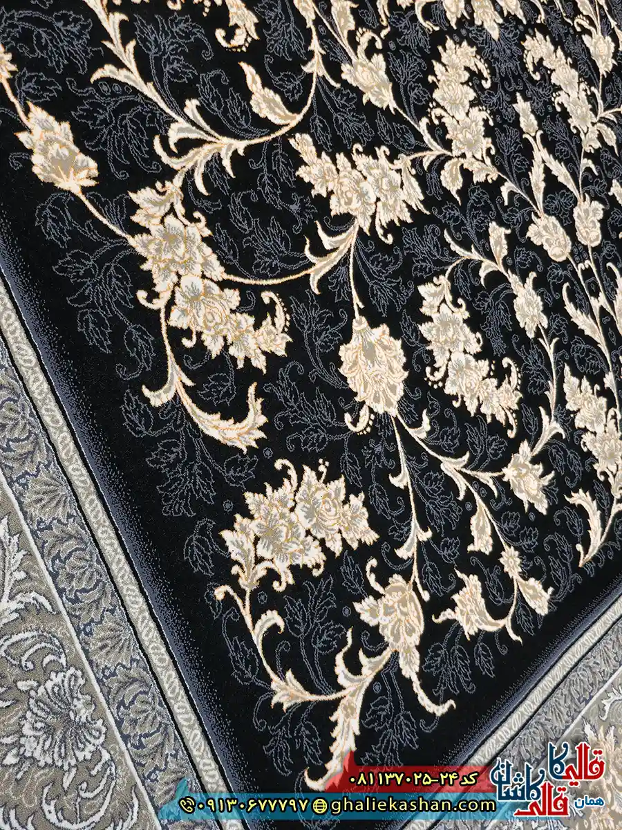 فرش طلاکوب 700 شانه طرح افشان نگار رنگ سرمه ای کاشان نزدیک 2