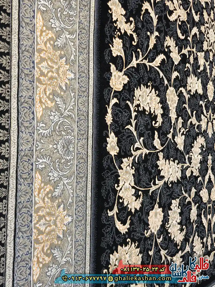 فرش طلاکوب 700 شانه طرح افشان نگار رنگ سرمه ای کاشان نزدیک