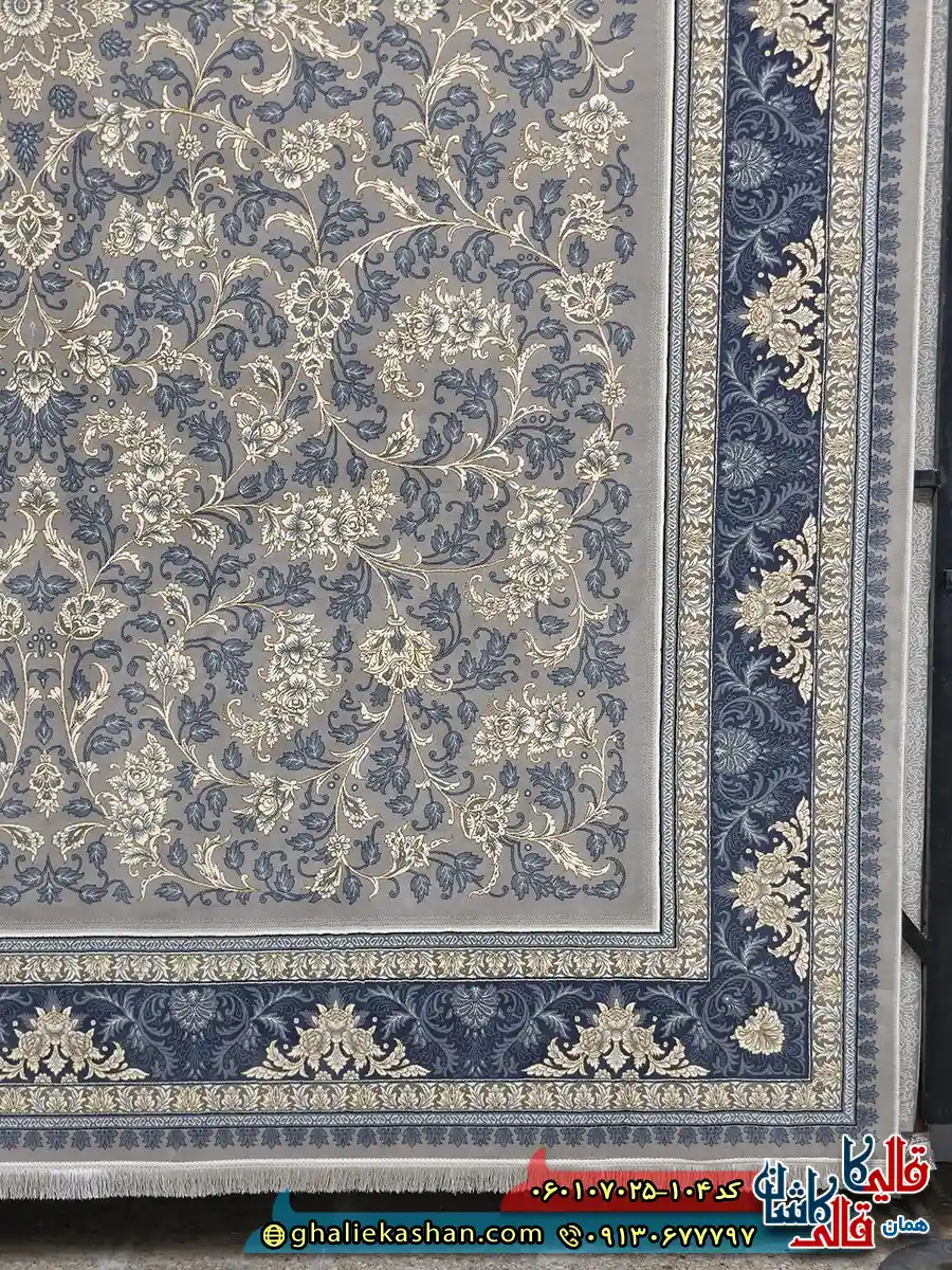 فرش طلاکوب 700 شانه طرح افشان نگار رنگ فیلی ترمه ای کاشان حاشیه