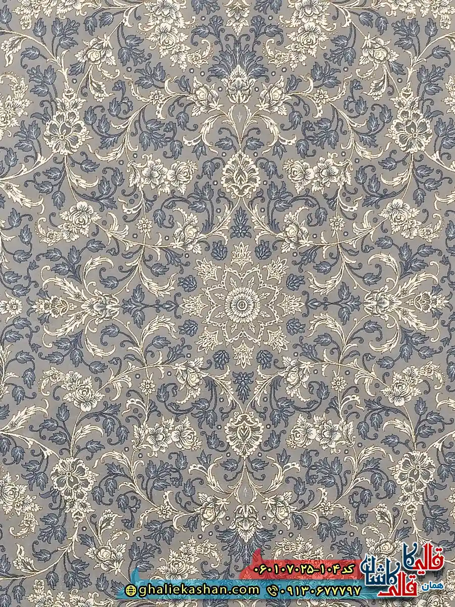 فرش طلاکوب 700 شانه طرح افشان نگار رنگ فیلی ترمه ای کاشان زمینه