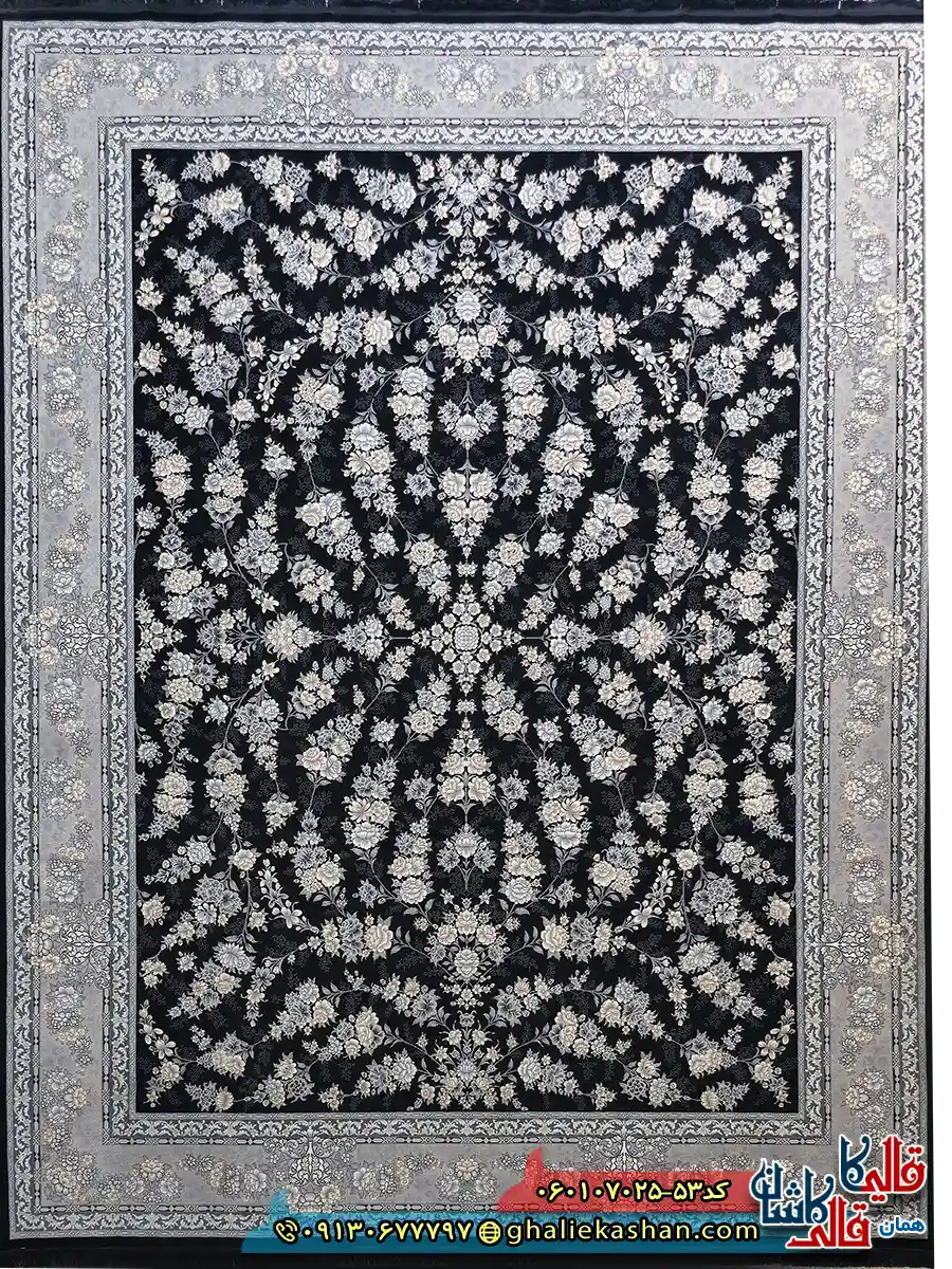 فرش طلاکوب 700 شانه طرح افشان ژینا رنگ سرمه ای کاشان اصلی
