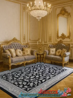 فرش طلاکوب 700 شانه طرح افشان ژینا رنگ سرمه ای کاشان