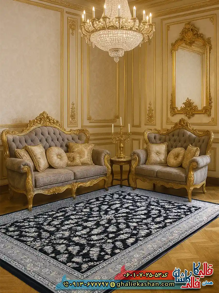 فرش طلاکوب 700 شانه طرح افشان ژینا رنگ سرمه ای کاشان دکوراسیون