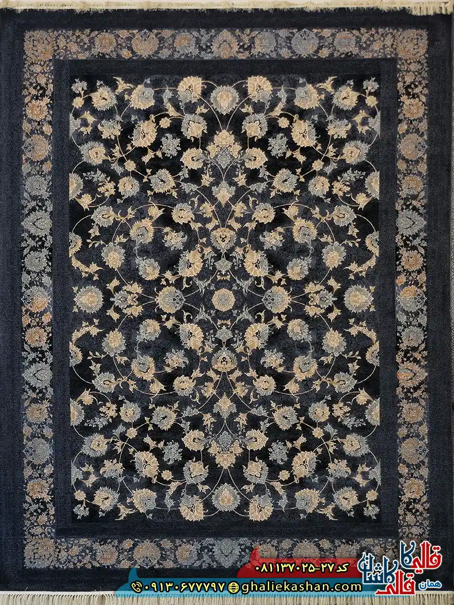 فرش طلاکوب 700 شانه طرح افشان یاس رنگ طوسی دلفینی کاشان اصلی