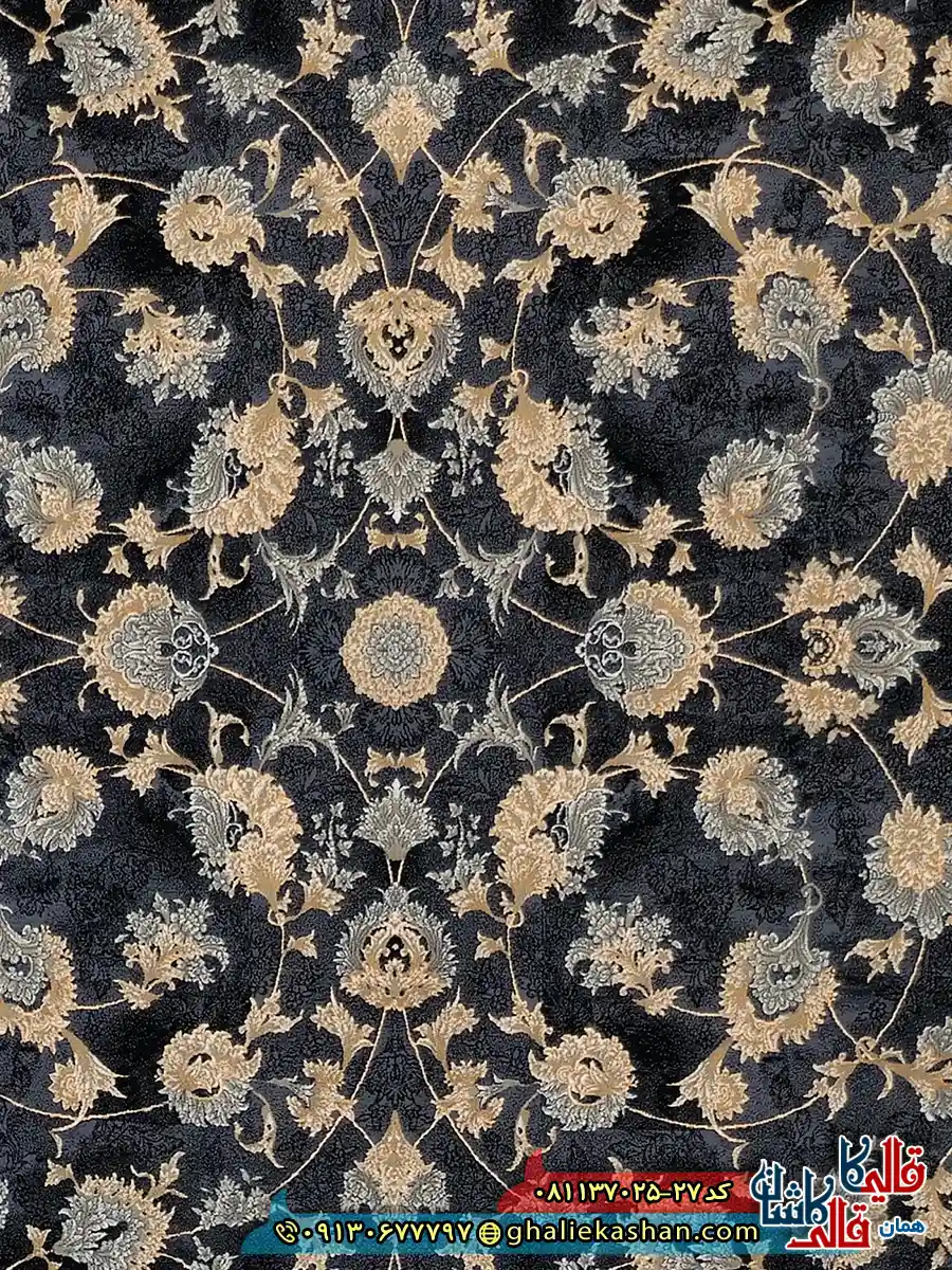 فرش طلاکوب 700 شانه طرح افشان یاس رنگ طوسی دلفینی کاشان زمینه