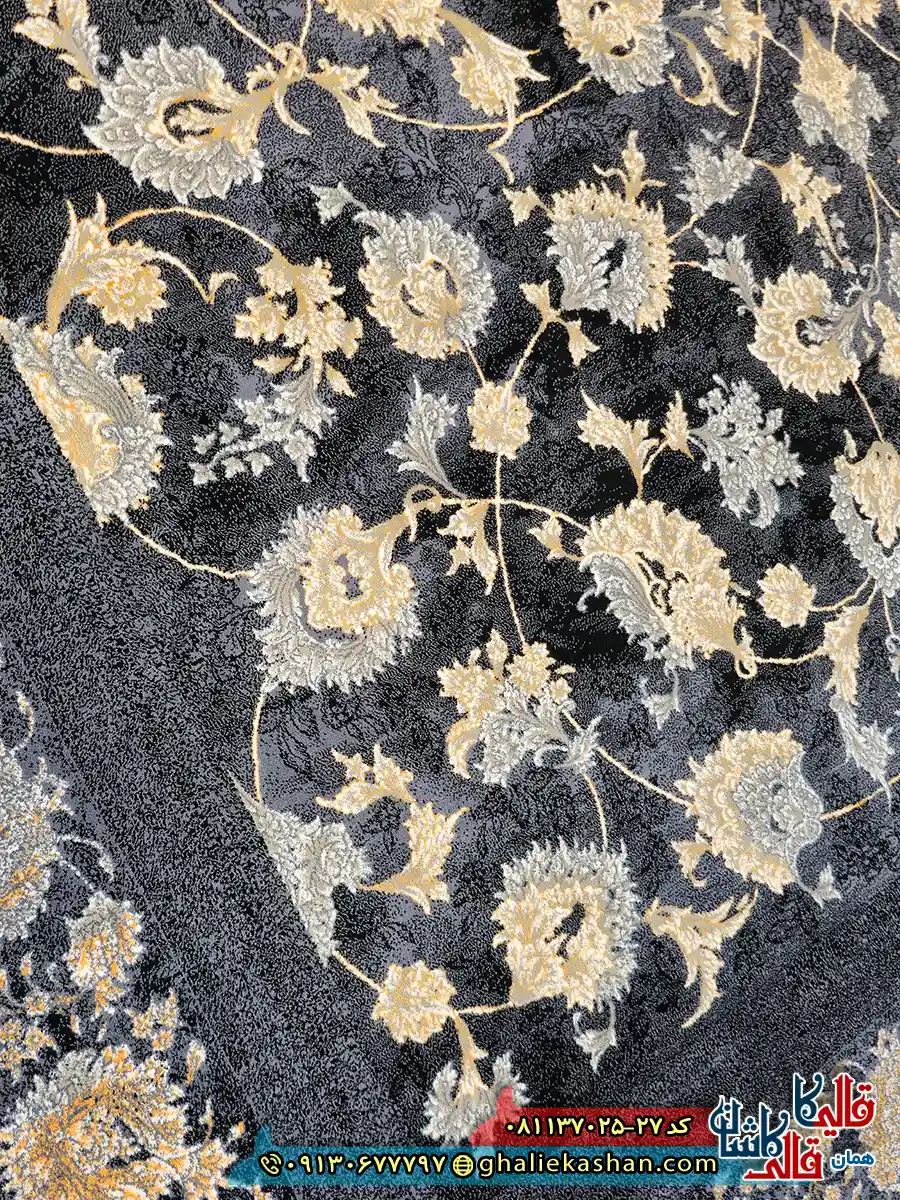 فرش طلاکوب 700 شانه طرح افشان یاس رنگ طوسی دلفینی کاشان نزدیک