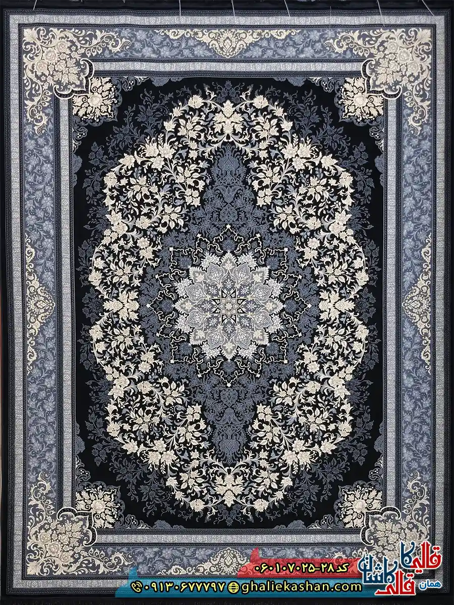 فرش طلاکوب 700 شانه طرح تندیس رنگ سرمه ای کاشان اصلی