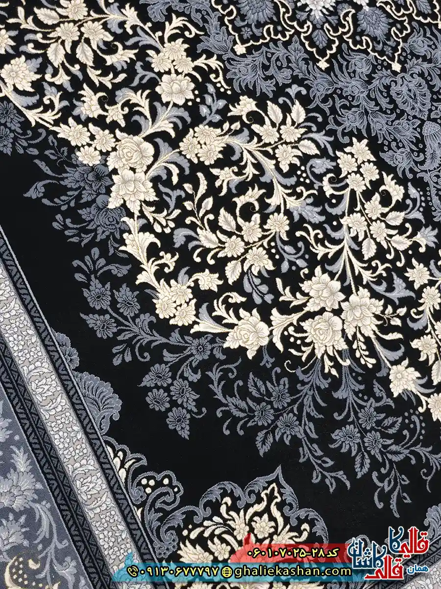 فرش طلاکوب 700 شانه طرح تندیس رنگ سرمه ای کاشان نزدیک 2