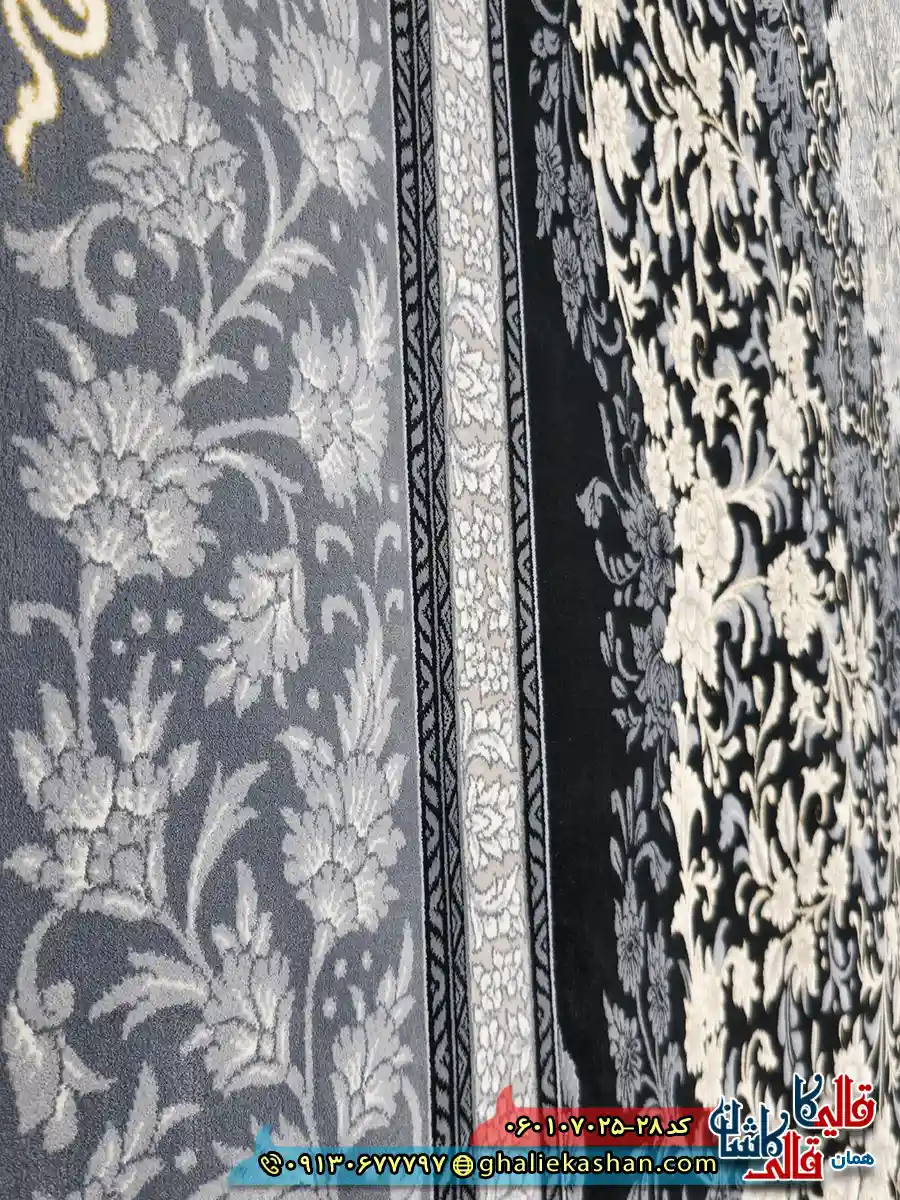 فرش طلاکوب 700 شانه طرح تندیس رنگ سرمه ای کاشان نزدیک