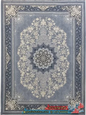 فرش طلاکوب 700 شانه طرح تندیس رنگ طوسی نقره ای کاشان اصلی