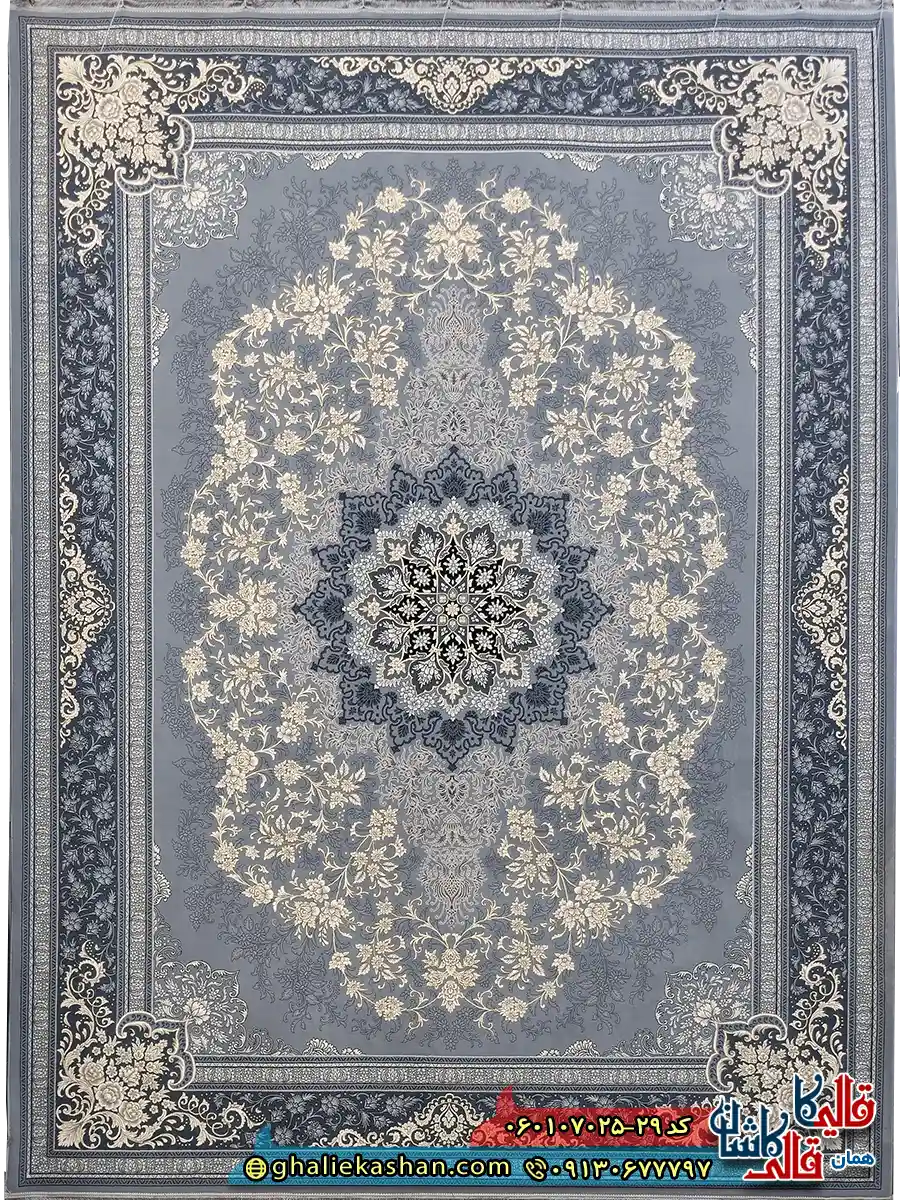 فرش طلاکوب 700 شانه طرح تندیس رنگ طوسی نقره ای کاشان اصلی
