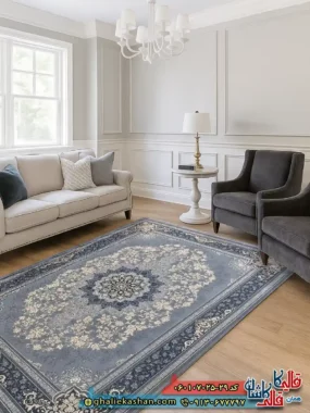 فرش طلاکوب 700 شانه طرح  تندیس رنگ طوسی نقره ای کاشان