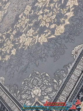 فرش طلاکوب 700 شانه طرح تندیس رنگ طوسی نقره ای کاشان نزدیک