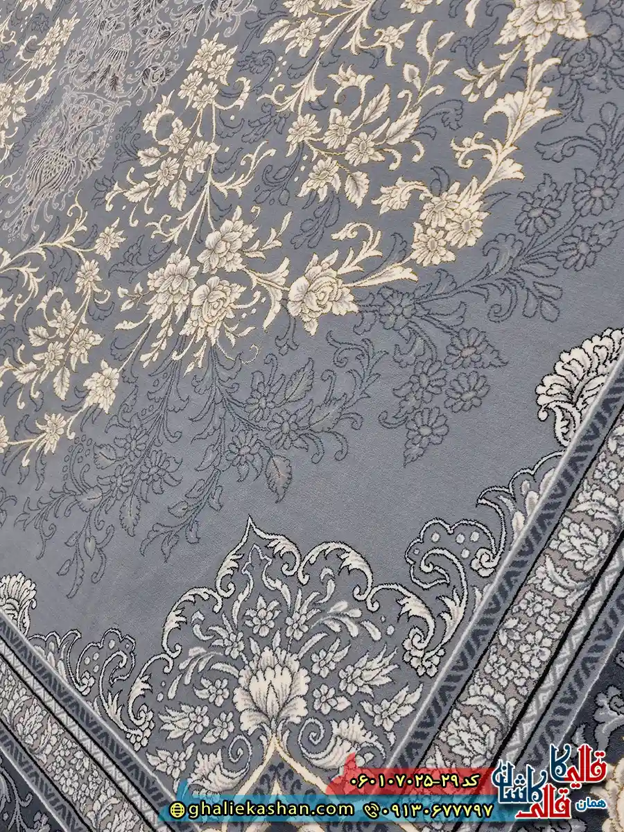 فرش طلاکوب 700 شانه طرح تندیس رنگ طوسی نقره ای کاشان نزدیک