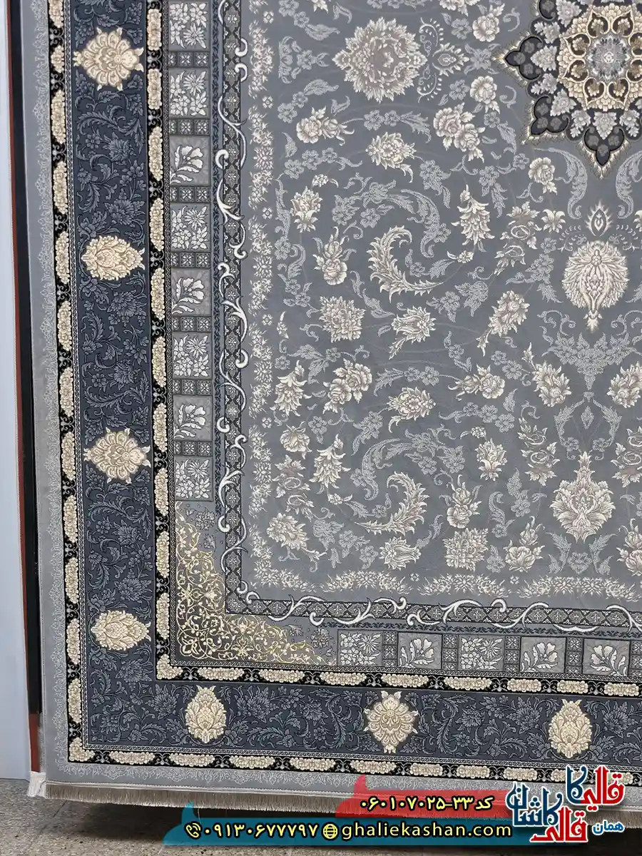 فرش طلاکوب 700 شانه طرح دایان رنگ طوسی نقره ای کاشان حاشیه