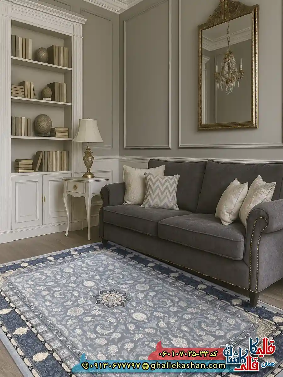 فرش طلاکوب 700 شانه طرح دایان رنگ طوسی نقره ای کاشان دکوراسیون