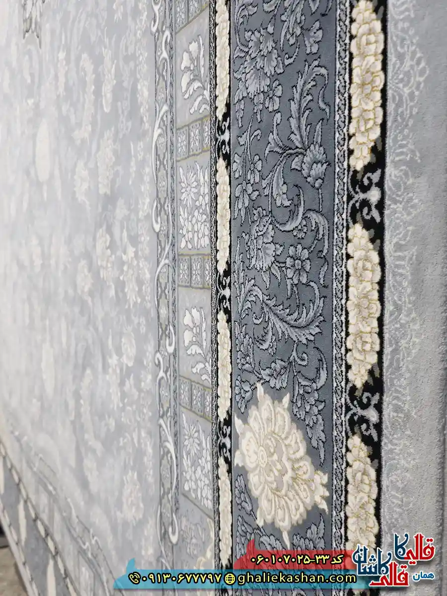 فرش طلاکوب 700 شانه طرح دایان رنگ طوسی نقره ای کاشان نزدیک