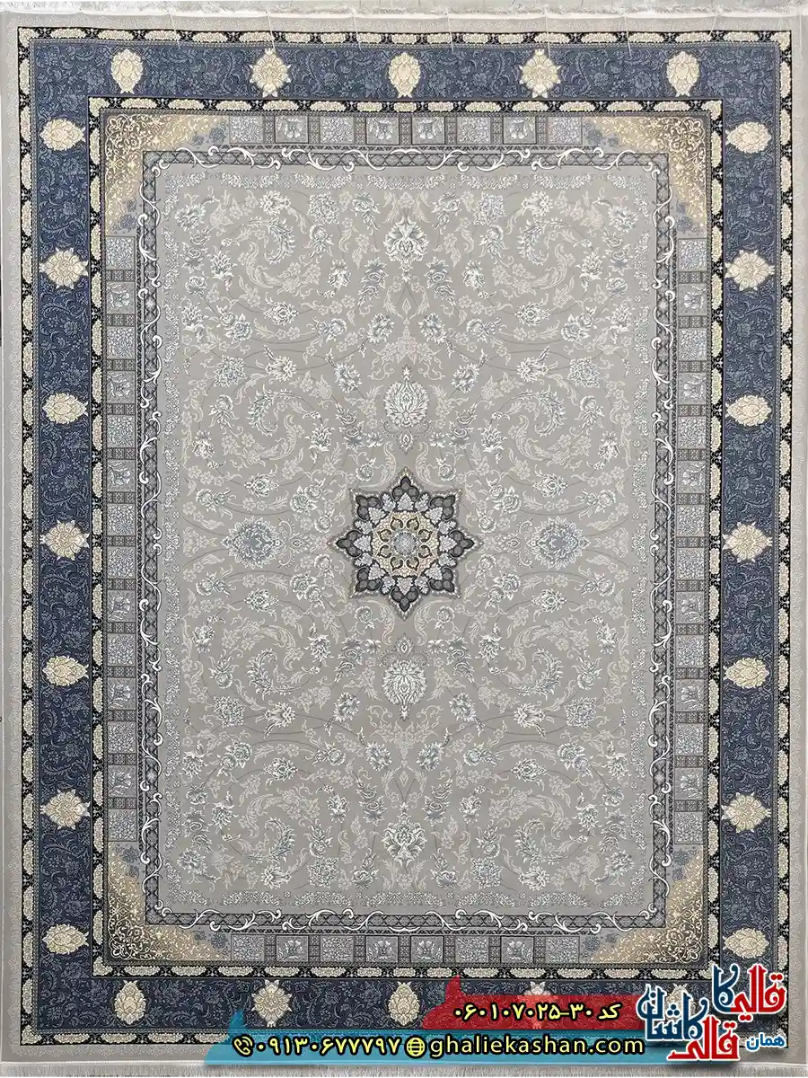 فرش طلاکوب 700 شانه طرح دایان رنگ فیلی ترمه ای کاشان اصلی