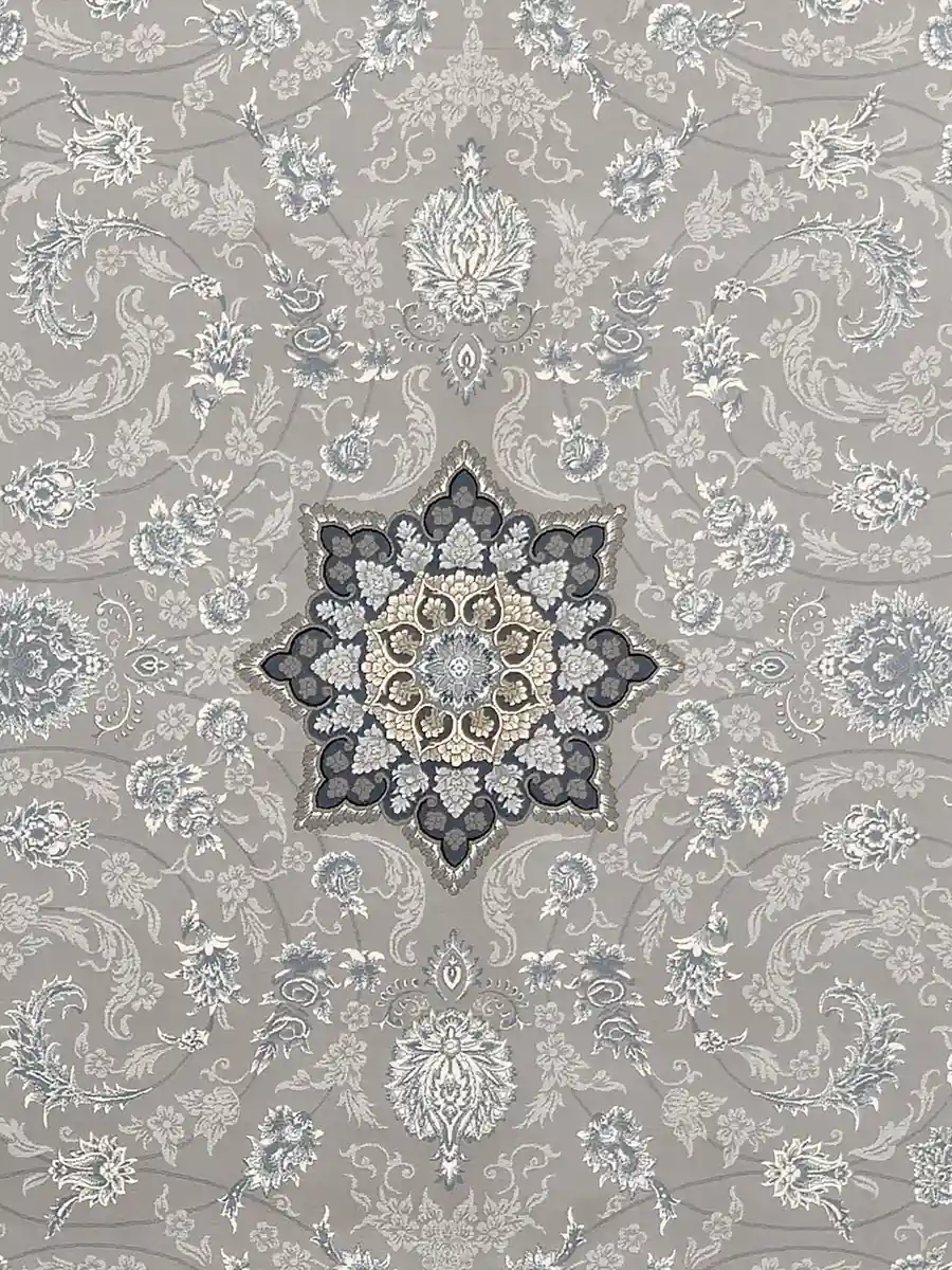 فرش طلاکوب 700 شانه طرح دایان رنگ فیلی ترمه ای کاشان زمینه