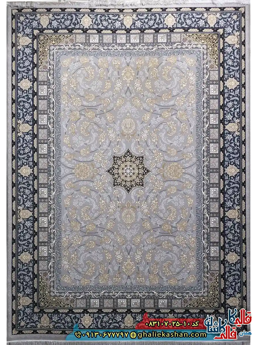 فرش طلاکوب 700 شانه طرح دایان طوسی نقره ای کاشان اصلی