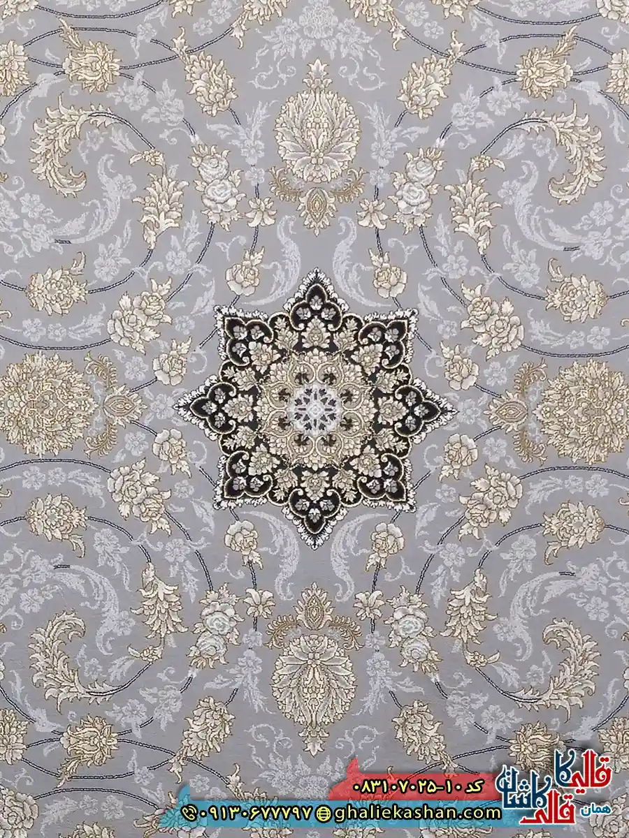 فرش طلاکوب 700 شانه طرح دایان طوسی نقره ای کاشان زمینه