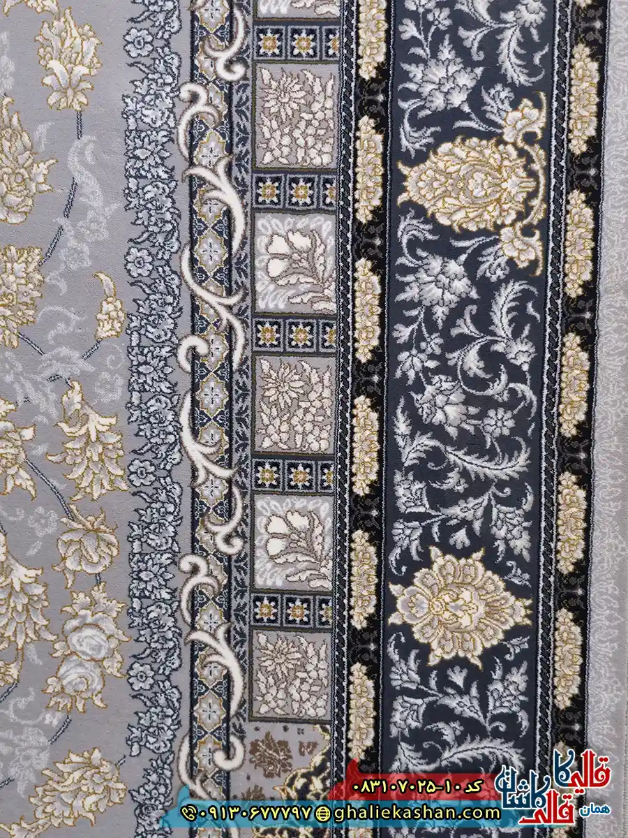 فرش طلاکوب 700 شانه طرح دایان طوسی نقره ای کاشان نزدیک 2